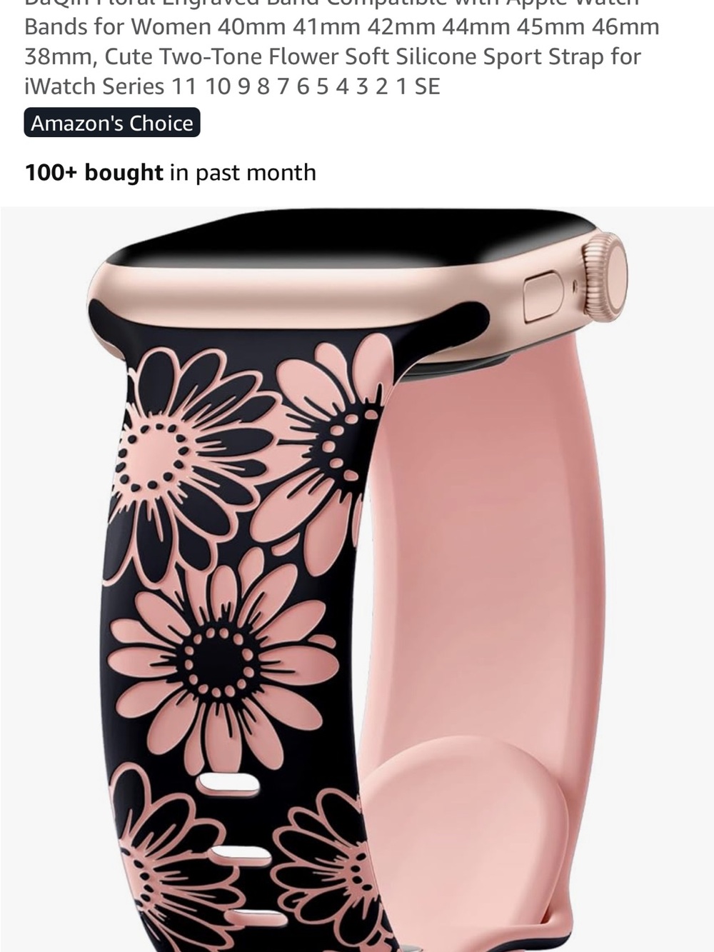 Floral Silicone Apple Watch Band - Black with Pink Flowers - Picture 4 of 4